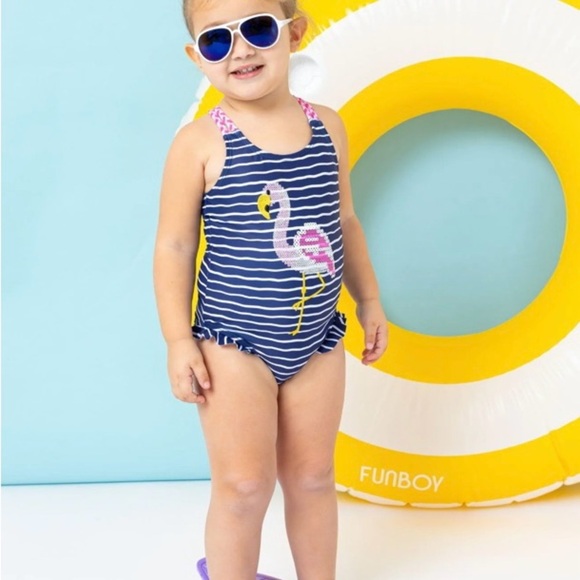 Andy & Evan NWT Sz 5 Kids Navy & White stripes with pink Flamingo Swimsuit - Picture 2 of 7